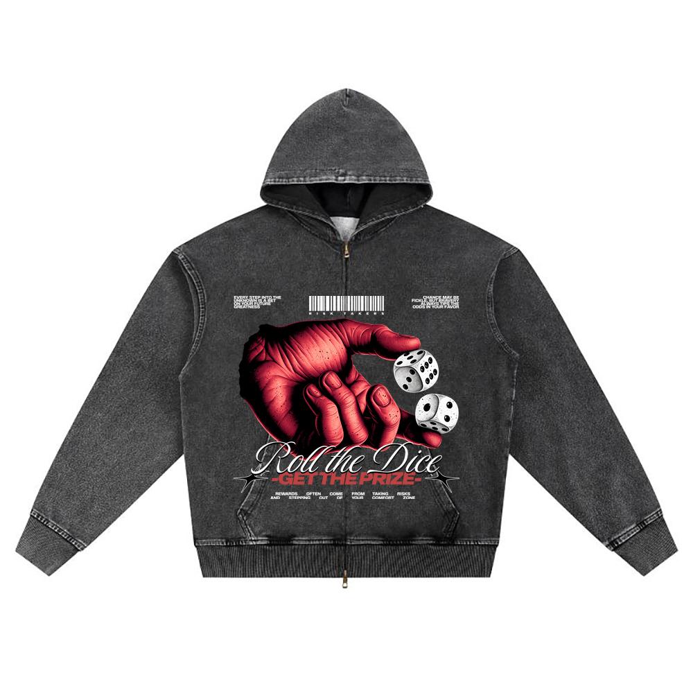 

DTG print Knitted Denim Zip-Up Hoodie Roll The Dice Brother Print Zipper Hoodies S