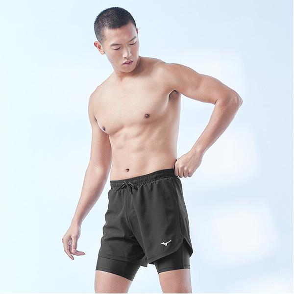 Mizuno Einfarbige Doppellagen-Badeshorts Herren Bademode Schwarz N2CB3122