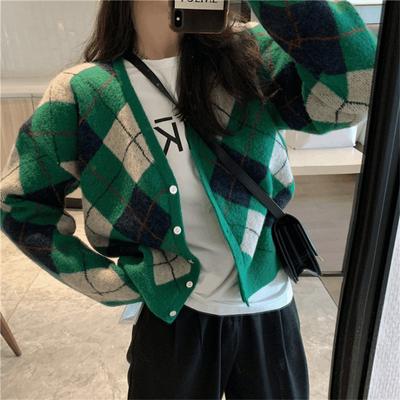 V-Neck Student Sweater Top Coat: Women's Retro Diamond-Knit Slimming Outerwear for Spring Autumn Winter