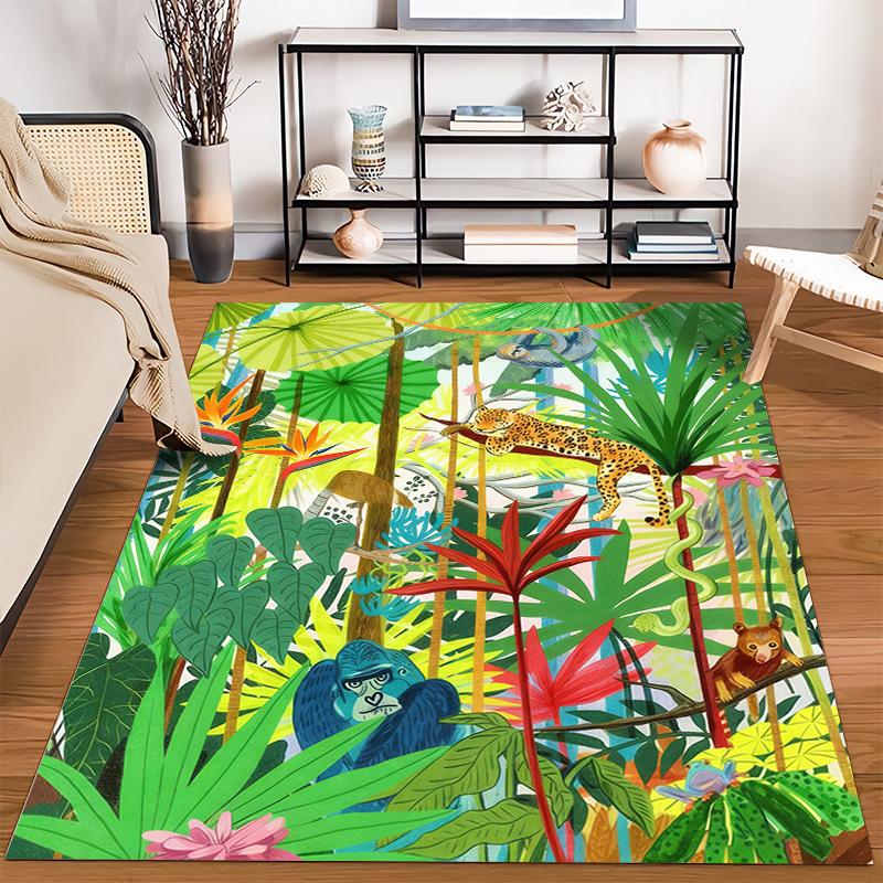 Tropical Jungle Theme Carpet with Leopard, Gorilla, Monkey, Greenery Suitable for Use As an Anti-slip for Living Room Bedroom Sofas