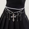 Tassel Cross Artificial Pearl Waist Chain Lustrous Belly Chain for Female Girls Cyberpunk Waist Decor Women Accessories