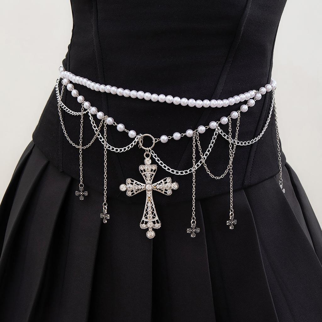 Tassel Cross Artificial Pearl Waist Chain Lustrous Belly Chain for Female Girls Cyberpunk Waist Decor Women Accessories