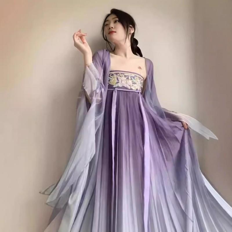 Womens Tang Dynasty Style Hanfu Set With Embroidered Butterfly Wide Sleeve Top Skirt Scarf