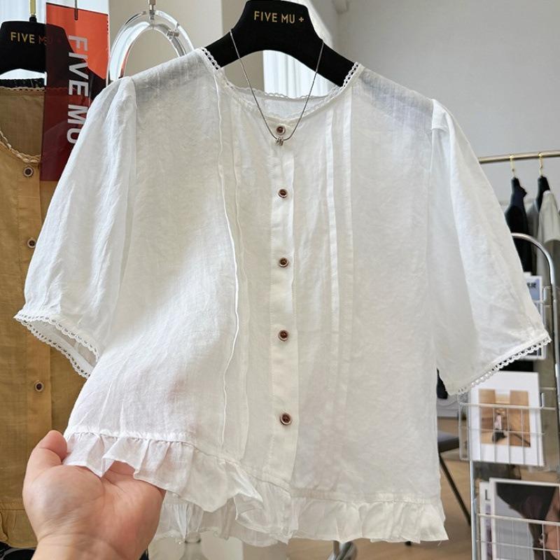Women Frill Trimmed Round Collar Short Sleeve Casual Thin Summer Shirt