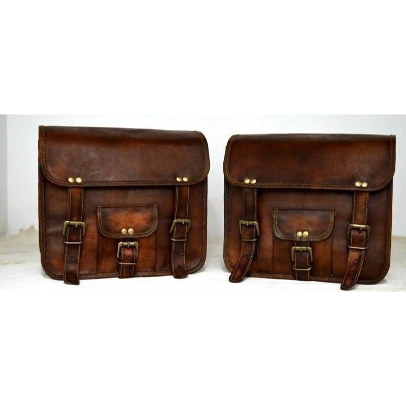 Leather Motorcycle Panniers Saddle Pouch Bag Side Real Two Bags New