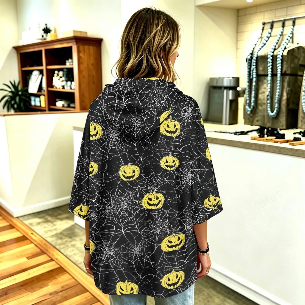 Women's Three-Quarter Sleeve Hoodie with Halloween Print Pullover Top