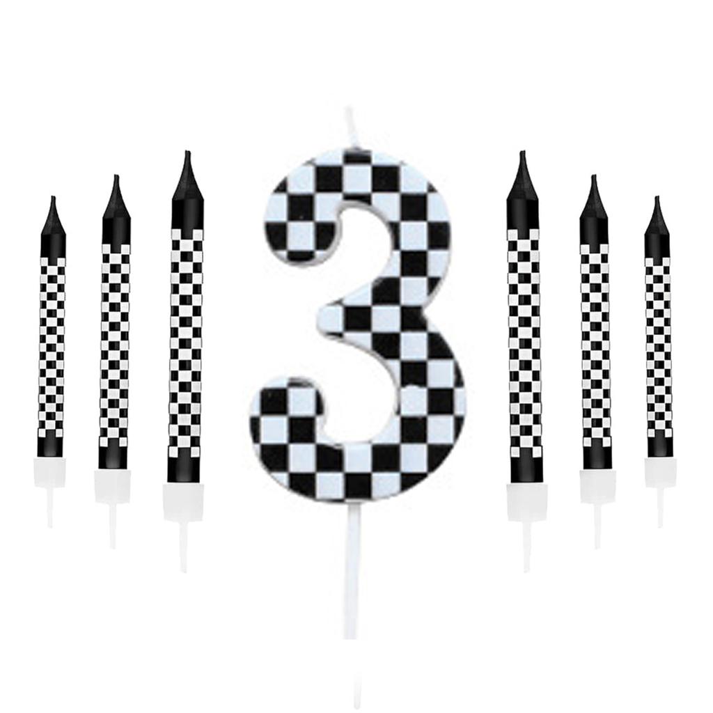 7Pcs Birthday Candles Set,Cake Numeral Candles,Racing Cars Themed Birthday Candles for Cake Candle Checkered Decoration