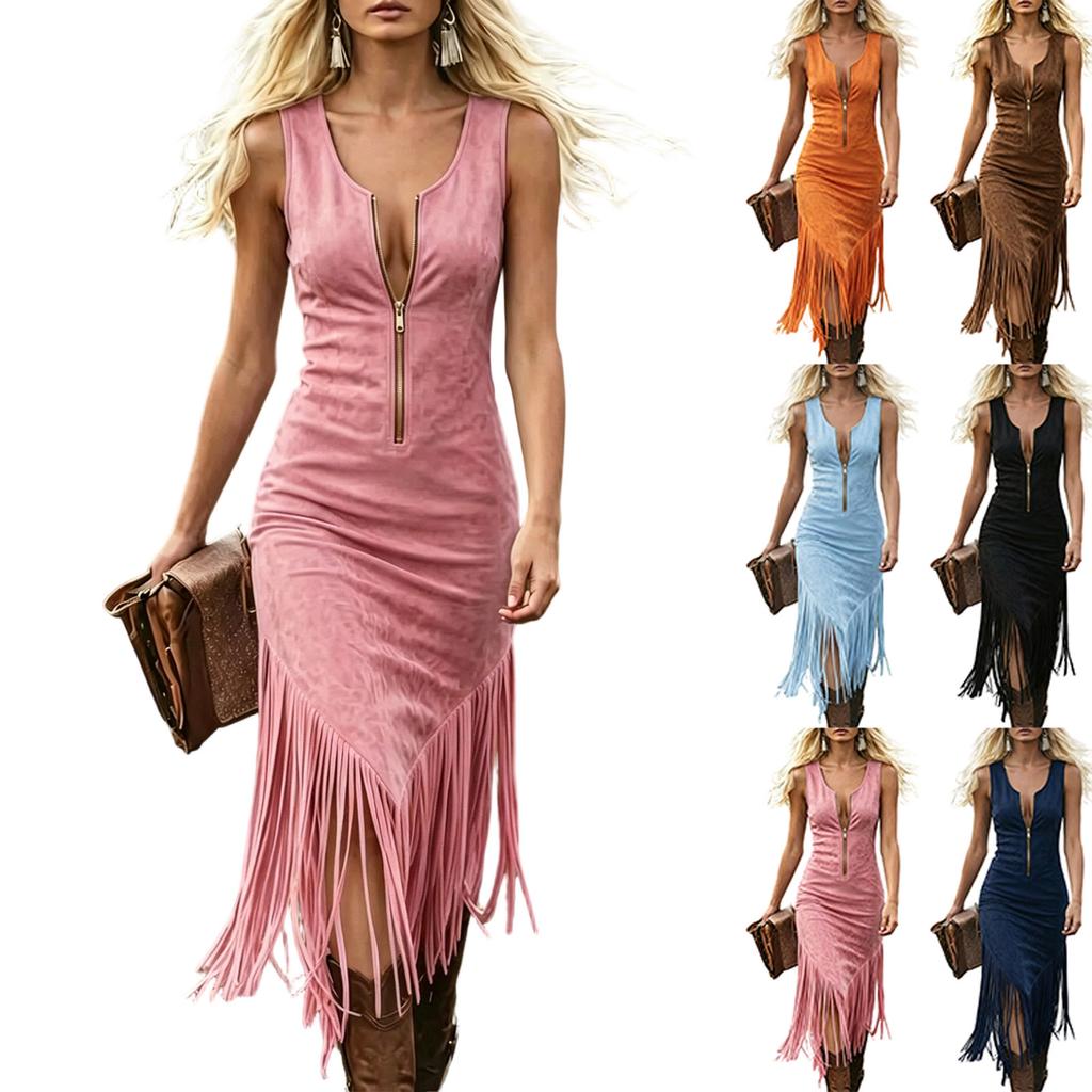 Women’s Sleeveless Western Style Dress with Fitted and Hem Retro Design Zipper Front