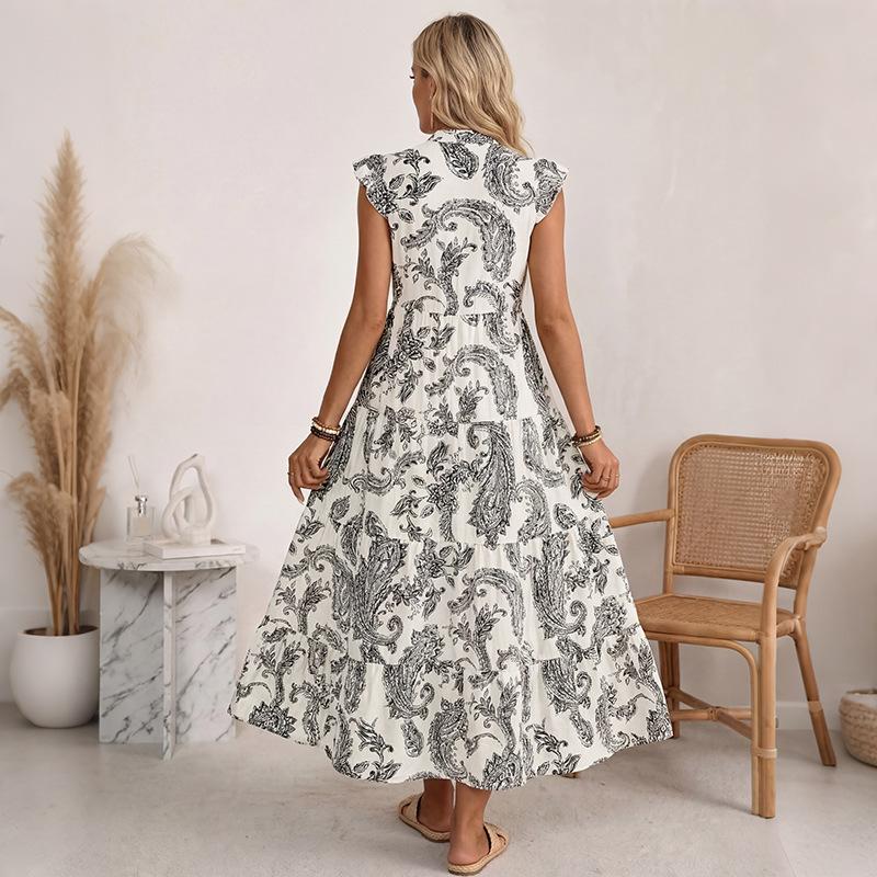 Maxi Abito da Donna Paisley Scollo a V Manica Corta Abito Vita Arricciata Boho Abito Estivo Casual Fluido Abiti Lunghi con Tasche