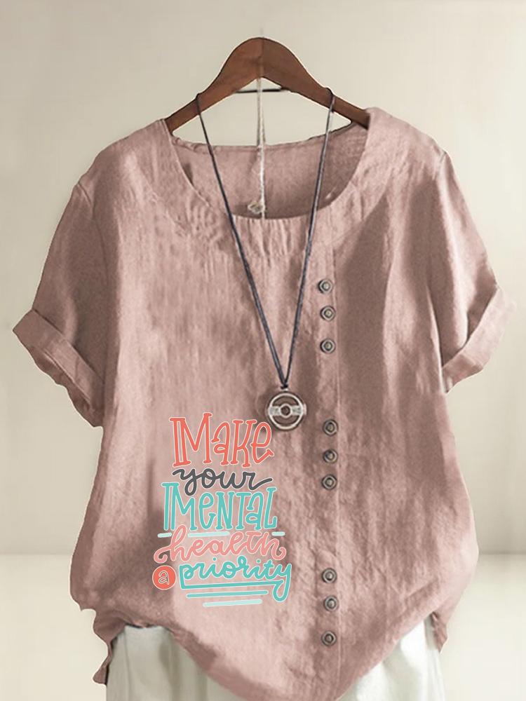 Women's Fashion Multi-color Letters Print Round Neck Short Sleeve T-shirt Summer Casual Cotton Linen Graphic Shirt Leisure Loose Blouse Tops