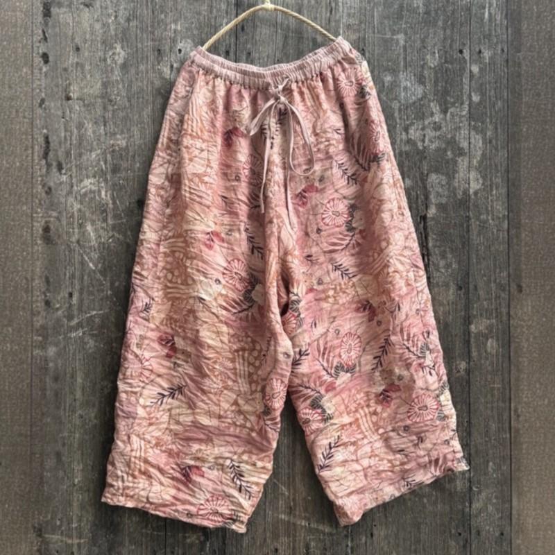 Johnature Women Vintage Wide Leg Pants Elastic Waist Pockets Autumn Loose Trousers Print Floral Belt Soft Pants