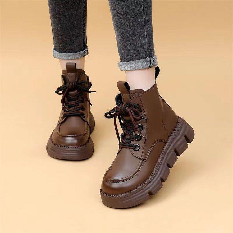 New Platform Short Boots 2025 Autumn and Winter Soft Leather Martin Boots Women's British Style Single Boots Versatile Platform Muffin Sole Single