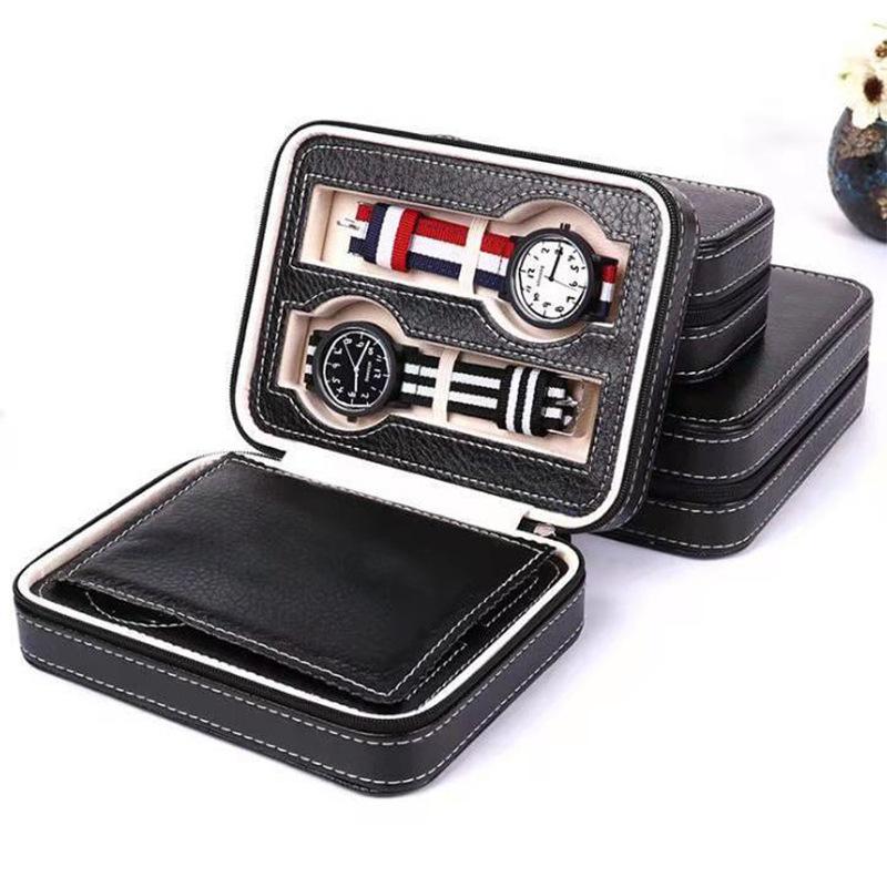 Watch box, PU lychee patterned watch zipper bag, high-end portable 2-person couple gift box