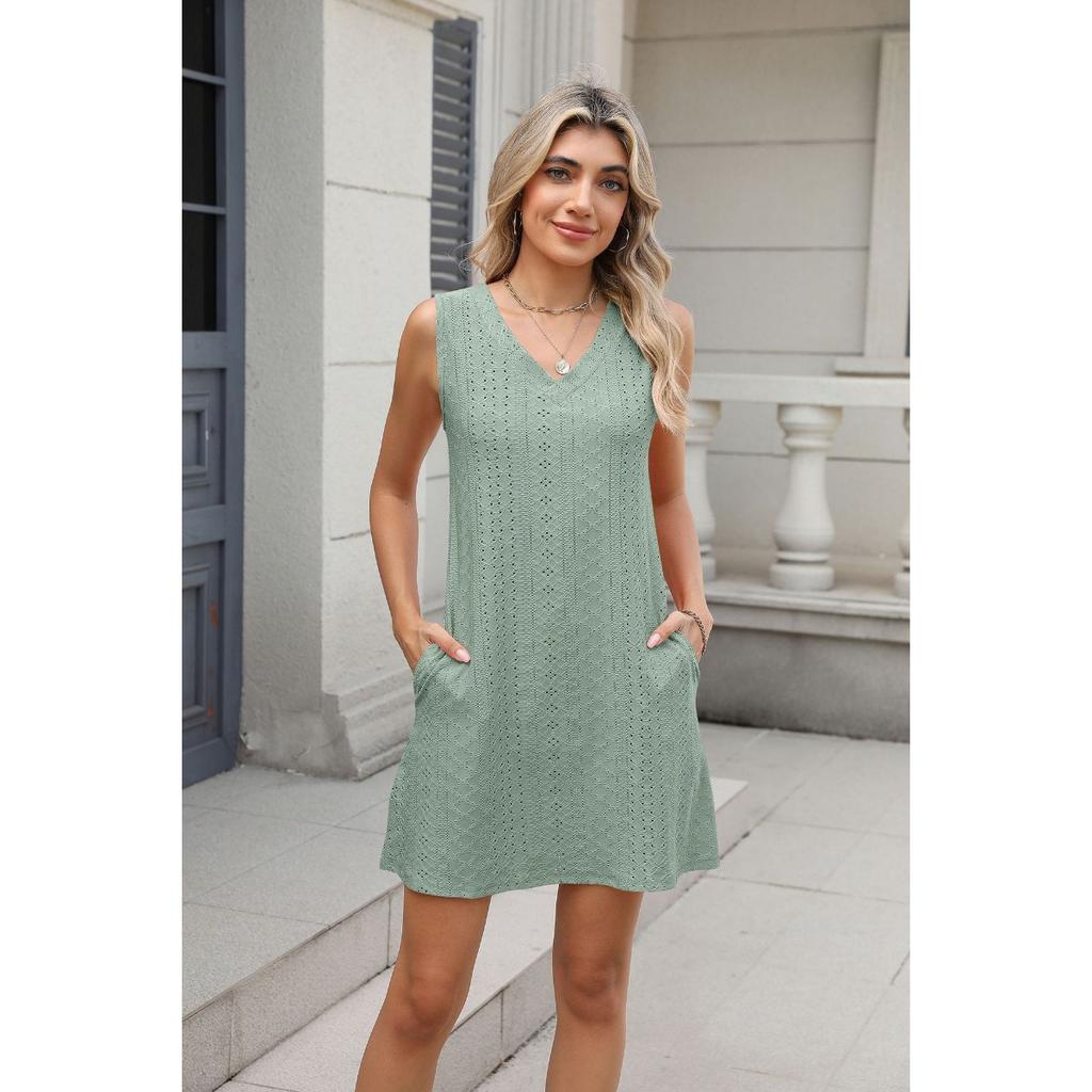 New Women's Solid Color V-neck Palace Lace Casual Pocket Summer Dress for Cross-border Europe America