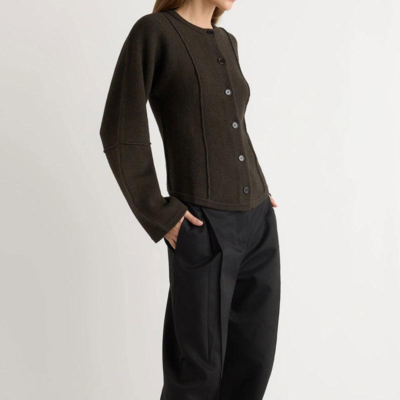 European and American round neck long-sleeved open-sewn knitted cardigan top autumn and winter new slim-fitting and thin sweater jacket women's 