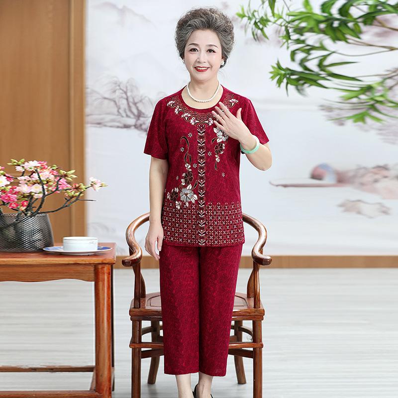 New Women 2 Piece Set Loose Print Short-sleeved T-shirt Tops + Pants Suits Middle-aged Mother Summer
