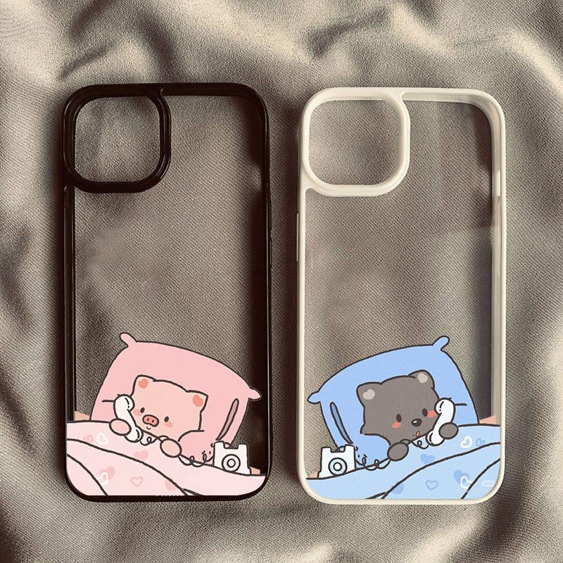 Funny Cartoon Pig Dog Couple Phone Case For iPhone 16 15 14 13 11 Pro Max 12 Mini 7 8Plus Animal Shockproof Clear Hard Cover Bag
