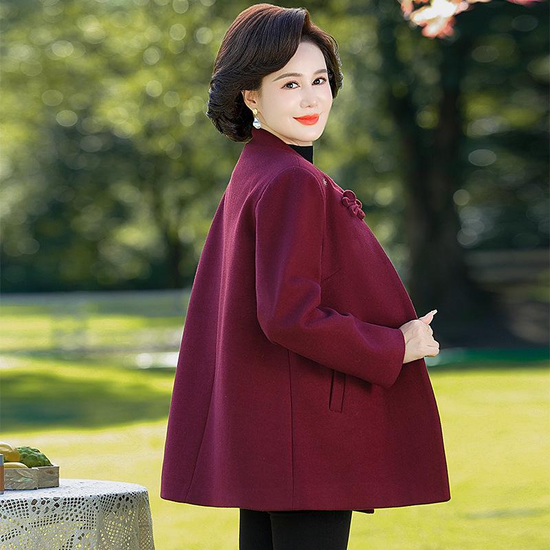 Stylish Woolen Coat for Middle-Aged and Elderly Women - Spring & Autumn Round Neck Top for Mothers & Grandmothers