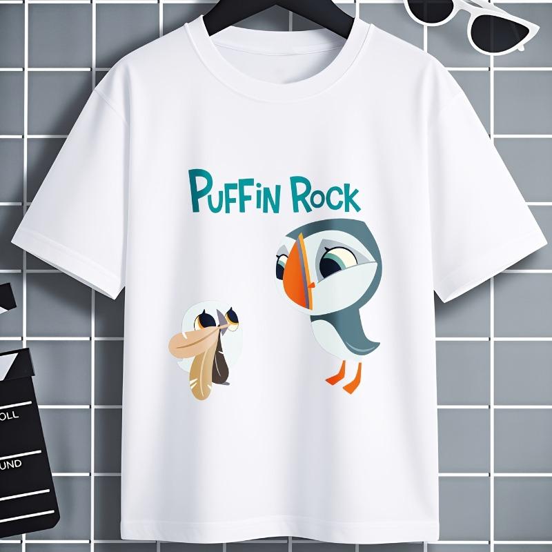 Schattig Puffin Rock Vogel Karakter Print Kinder T-shirt met Ronde Hals en Korte Mouwen