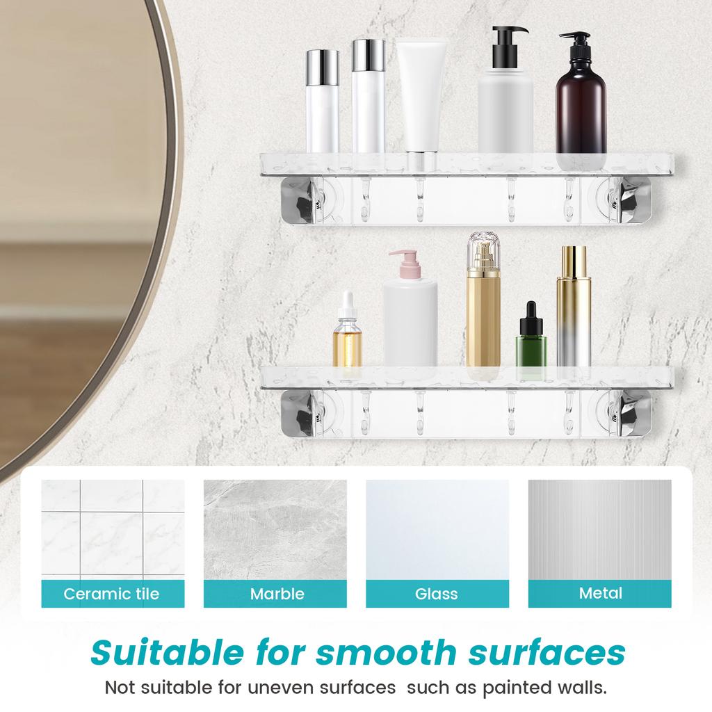 Suction Cup Bathroom Shelf No Drilling Shower Caddy Clear with 4 Hooks No Drilling Wall Shampoo Conditioner Soap Organizer