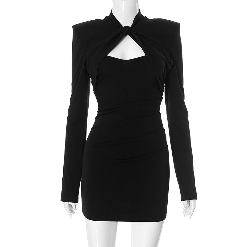 

Cross-Border Hot European and American Women s Clothing Pure Color Long Sleeves Cut Out Padded Shoulder Fashion Sexy Temperament Sheath Dress Tide Black L