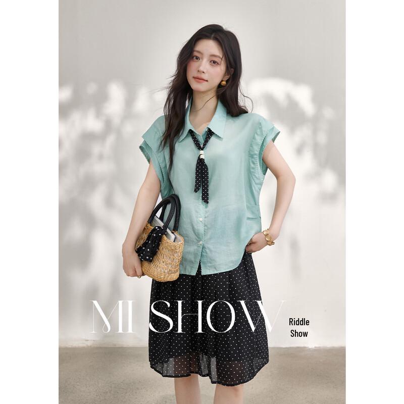 Women s French Style Polka Dot Tencel Puff Sleeve Blouse M