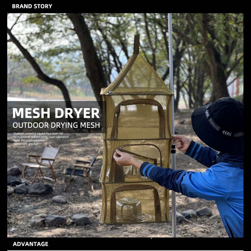 Outdoors Drying Net Foldable Drying Rack 4 Layers Fish Mesh with U-Shape Zippers and Hooks for