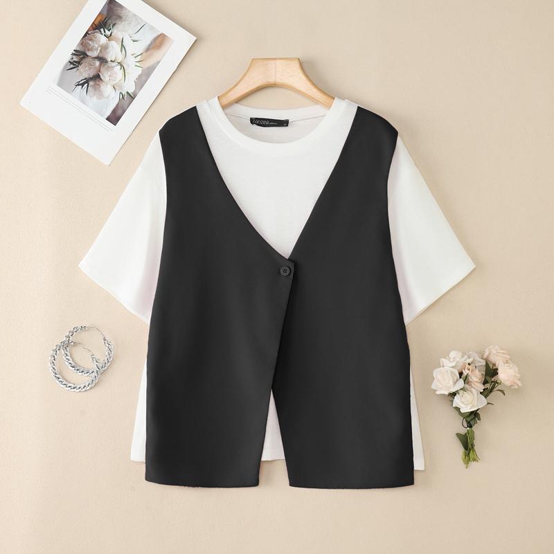 

ZANZEA Women Summer Round Neck Short Sleeve Casual Patchwork T-Shirt S