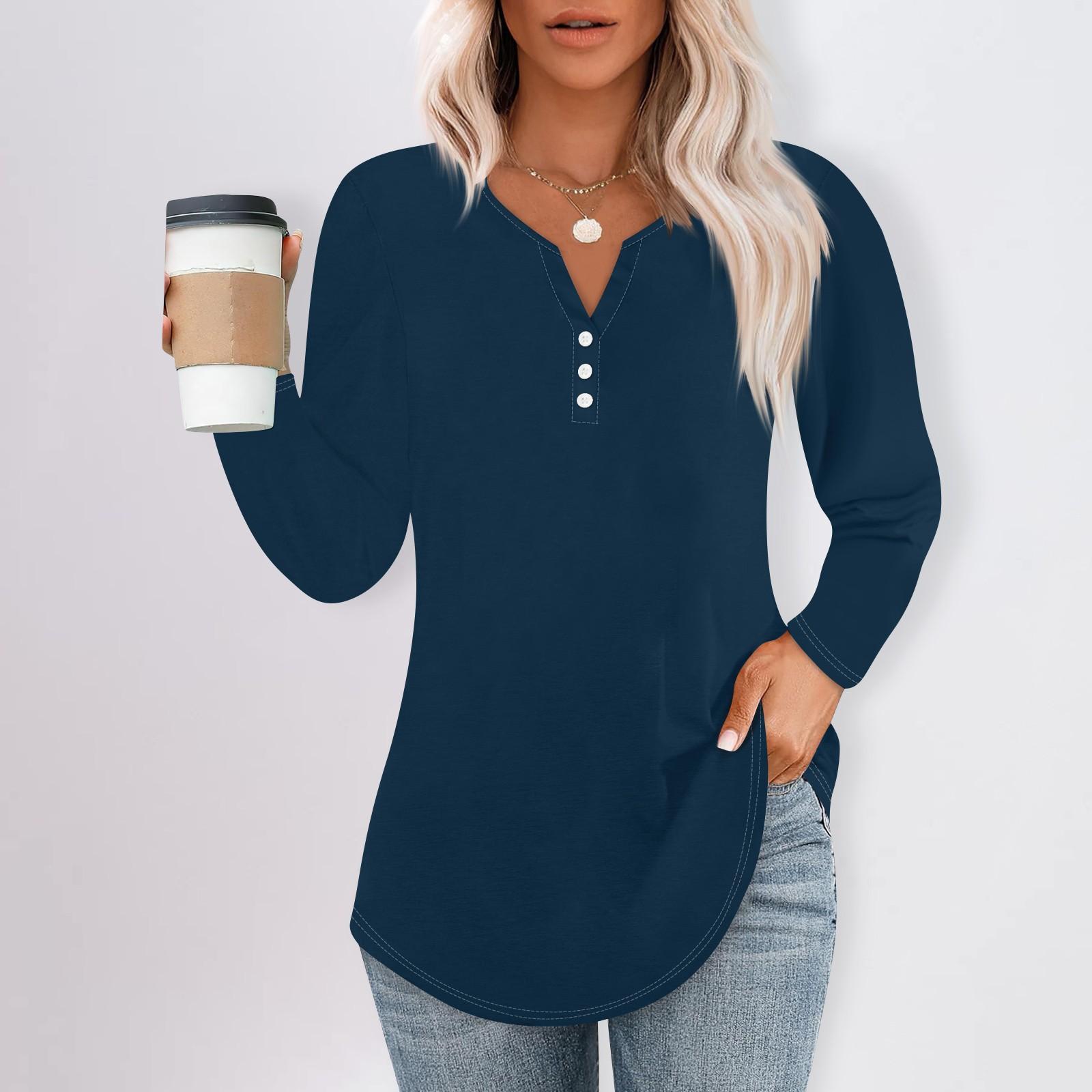 

Жіноча футболка з довгим рукавом і ґудзиками, щоденна мода на вихідні, простий топ з V-подібним вирізом XXL Темно-синій