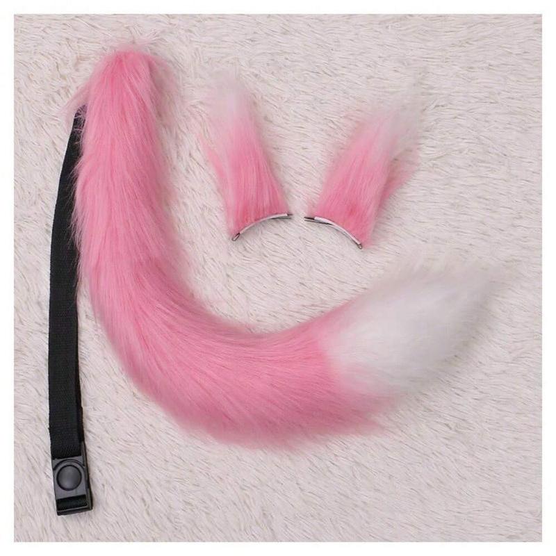 Long Furry Fox Tail Ears Hair Clips Set Anime Cosplay Costume Props Lolita Animal Cat Tail Fursuit Plush Tail Faux Fur Haripins