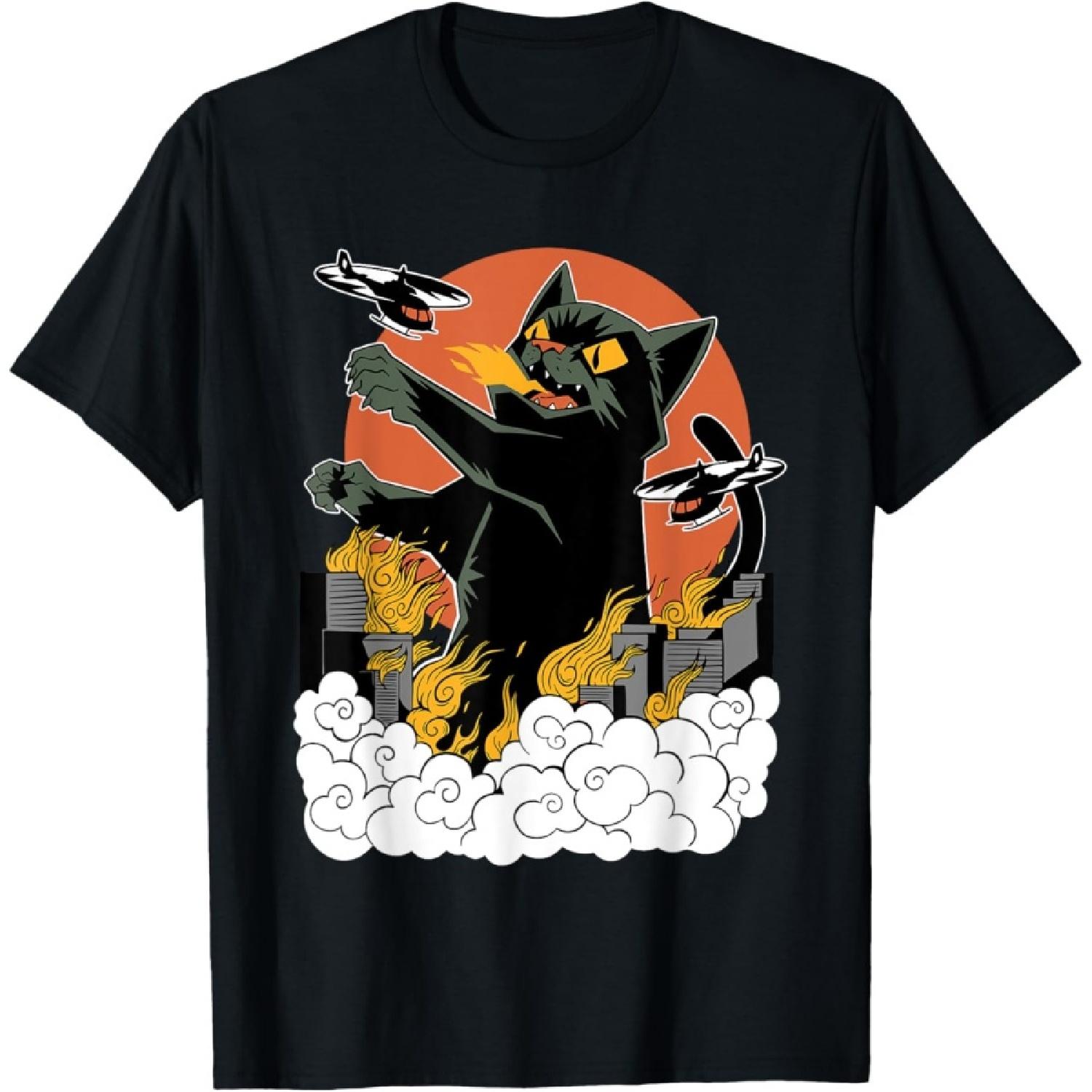 Black Japanese Catzilla Sunset T-Shirt - Classic Fit, Crew Neck, Cotton & Polyester Blend S