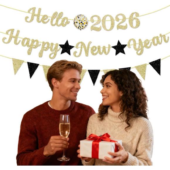 2026 New Year Holiday Decoration Banner Golden Letter Glitter Hello 2026 Happy New Years Banner Black Triangle Flag Star for Happy New Year