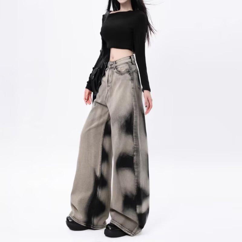 Women's High-Waist Retro Tie-Dye Gradient Jeans - Loose, Wide-Leg, Floor-Length Pants for Early Autumn