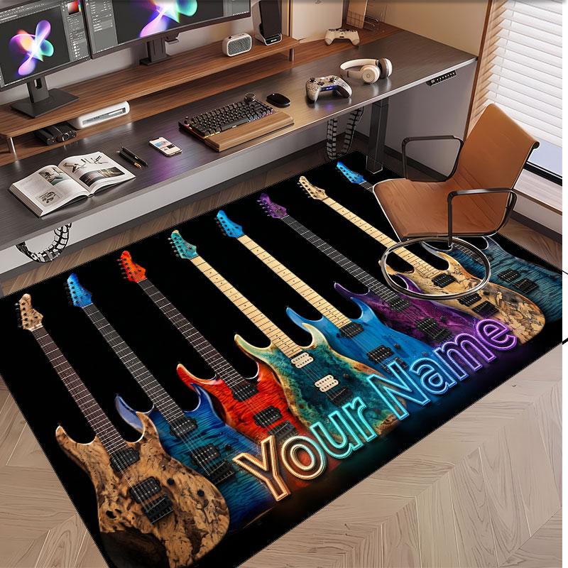 Music Guitar Theme Soft Crystal Velvet Rug Custom Name & Text Print Non Slip Floor Rug for Bedroom Living Room