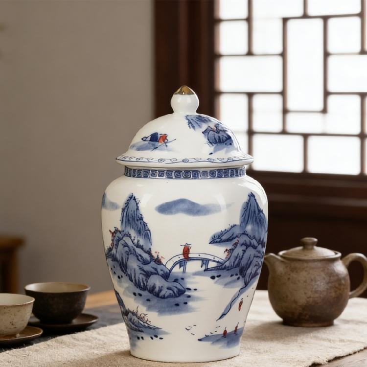 Premium Glazed Ceramic Tea Jar Featuring Dateless Blue Print Doubles As Fascinating Countertop Display Piece