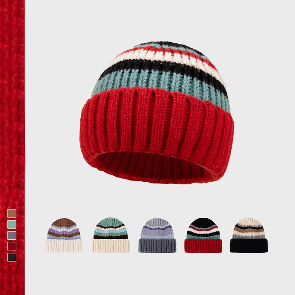 Fashion Color Blocked Knitted Wool Beanies for Women Stripe Ear Protection Skullcaps Autumn Winter Cold-proof Pullover H