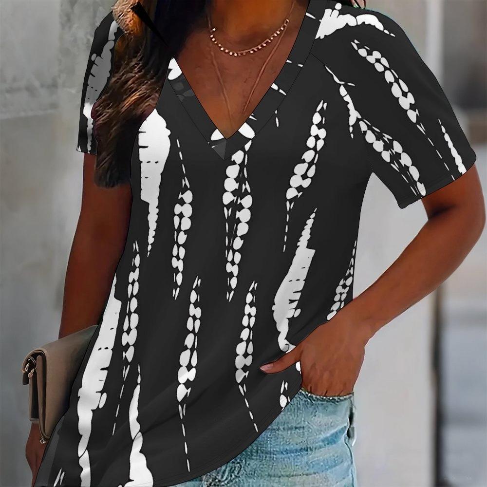 Damen Floral Print T-Shirt V-Ausschnitt Kurzarm Locker Lässig Sommer Tägliche Oberteile
