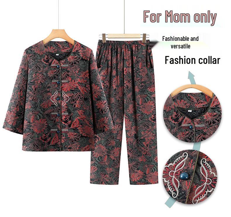 Stylish Grandma Summer Mid-Sleeve Homewear Set for Middle-Aged Women