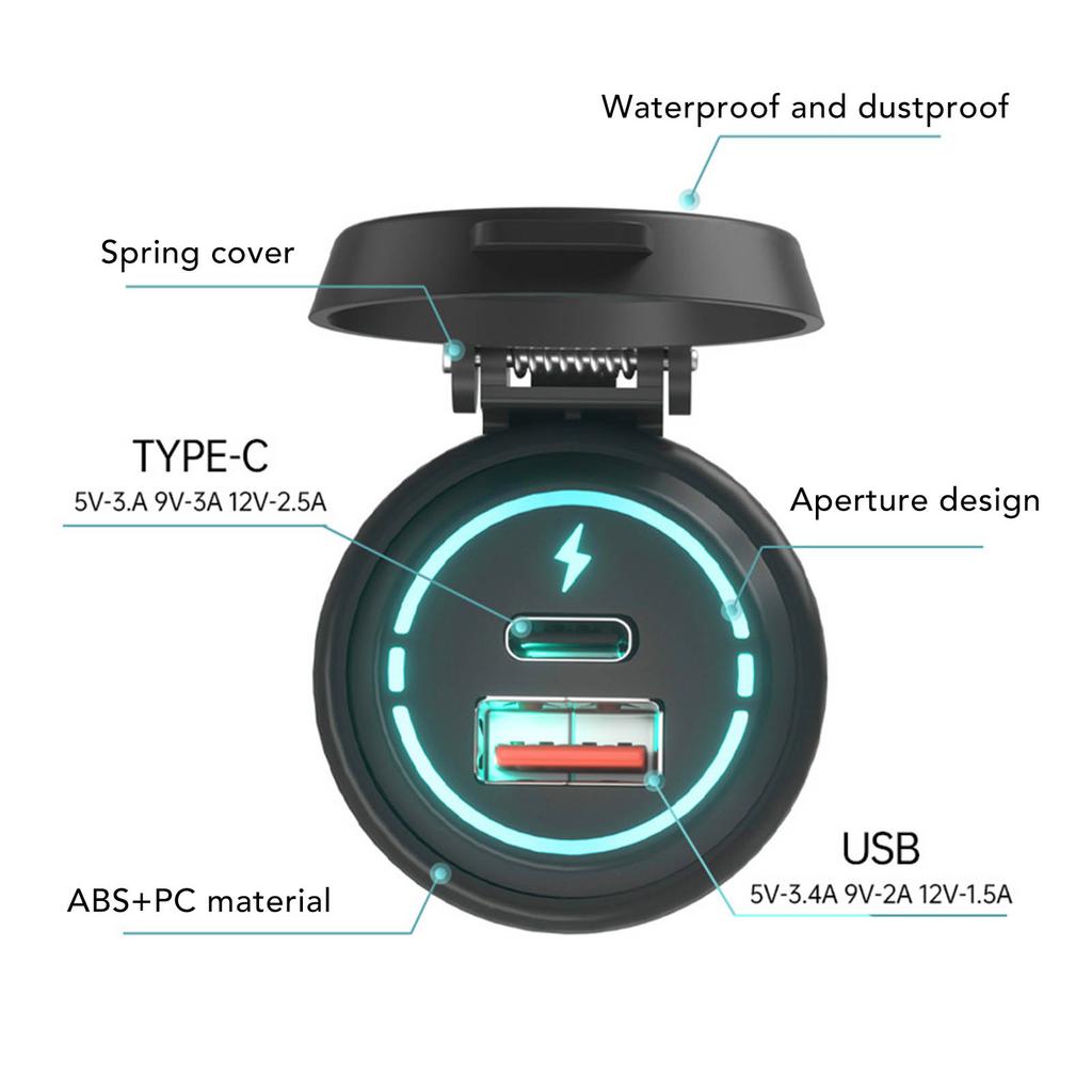 Car Charger with Spring Cover Dual Port USB Type C QC3.0 IP66 Waterproof Charger Adapter for Motorcycles SUV RV