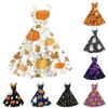 Womens Halloween Printed Off Shoulder Dress Vintage Punk Style Sleeveless Spaghetti Strap A Line Swing Dress with Flared Skirt for Party