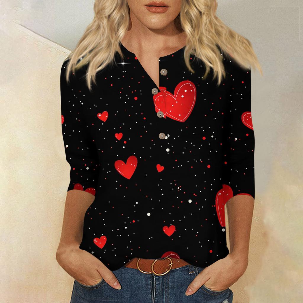 Damenmode Lässig Knopf 3/4 Ärmel Valentinstag Bedruckt Hals Oberteil