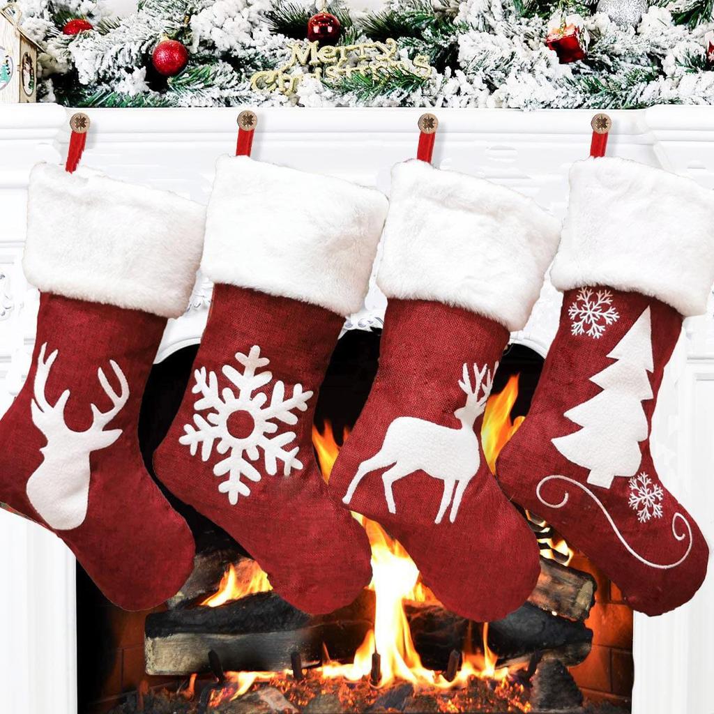 Red Reindeer Snowflake Plush Christmas Stockings - Festive and Cute Holiday Ornaments