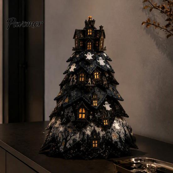 Halloween Theme Interior Decor Wooden Tree Ornament, 2D Flat Quilted Fabric Style Desktop Double Table Decorations Side Wood Sign for Home Party