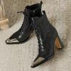 Comemore Spitzschuh Damen Stiefeletten Sexy Hohe Absätze Lederschuhe 2025 Trend Herbststiefel Schnürung Goth Botas Mujer