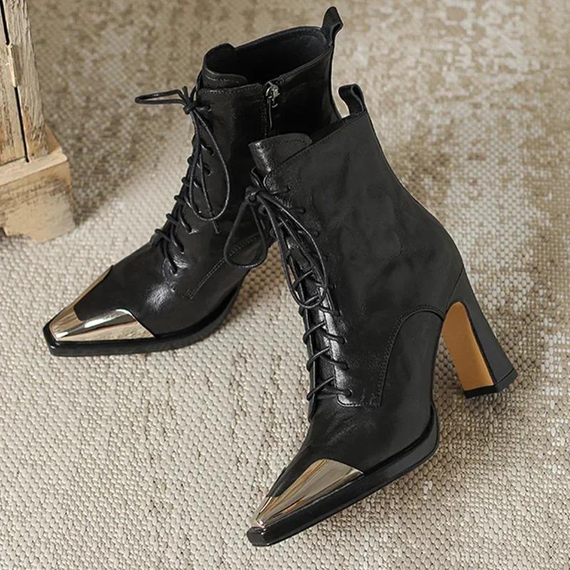 Comemore Spitzschuh Damen Stiefeletten Sexy Hohe Absätze Lederschuhe 2025 Trend Herbststiefel Schnürung Goth Botas Mujer