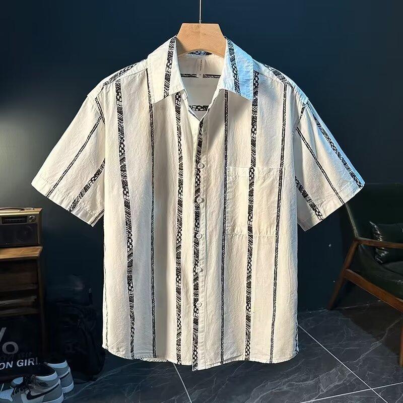 Spring Summer Men's Striped Top Cool Breathable Business Commuter Turn-down Collar Short Sleeve Shirt