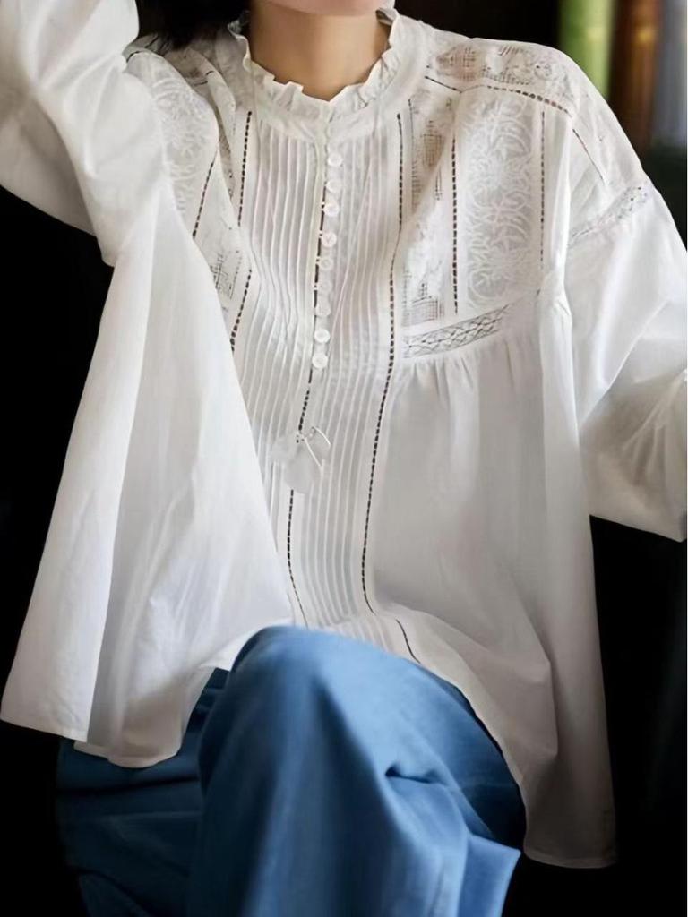 2025 Autumn French Lace Embroidered Retro Cotton Long Sleeve Shirt for Women