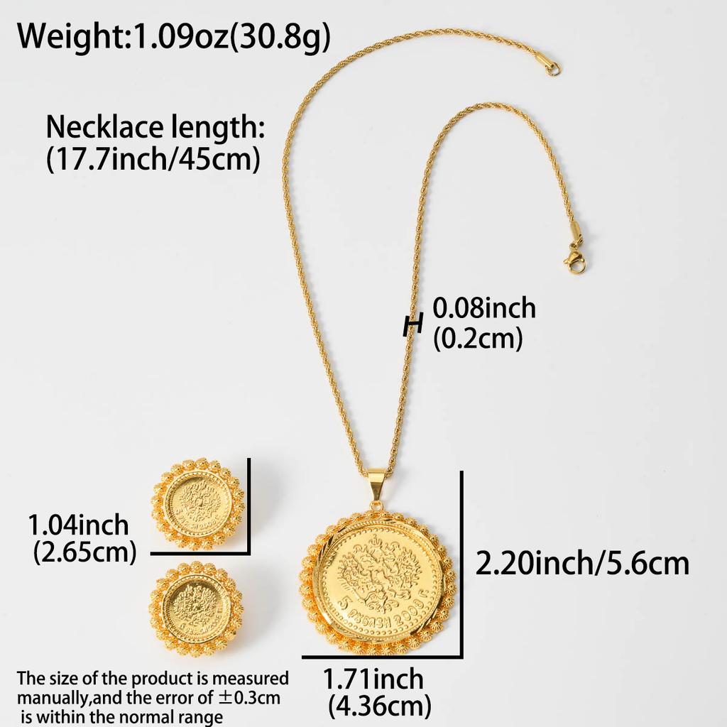 Persisk Lejon Sol Symbol Guldpläterad Halsband Örhängen Set Antik Mynt Vintage Mellanöstern Stil Smycken Gåva till Henne Fest