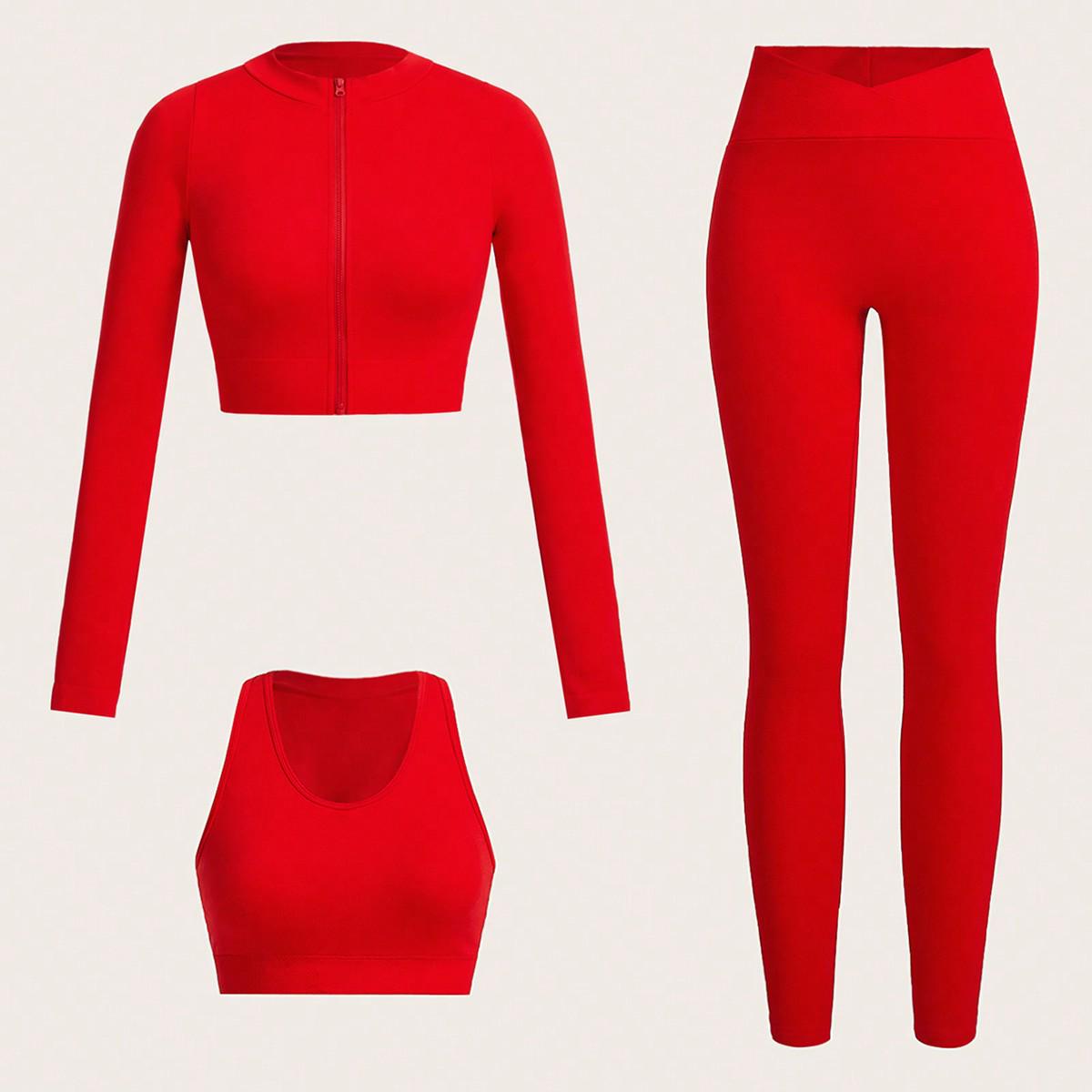 

Женский летний костюм для йоги: Высококачественный комплект-тройка с жилетом, кофтой с длинным рукавом и брюками Medium красный