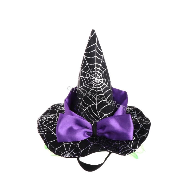 Halloween Cats Hat with Web Pattern Cats Wearing Cosplay Wizard Party Decoration Accessories 6XDE